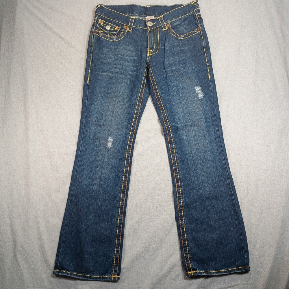 True Religion Mens 34 Big T Bootcut Jeans Made In USA Y2K Distressed Flap Pocket